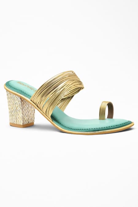 Signature Sole Green Metallic Chudi Strap Block Heels 