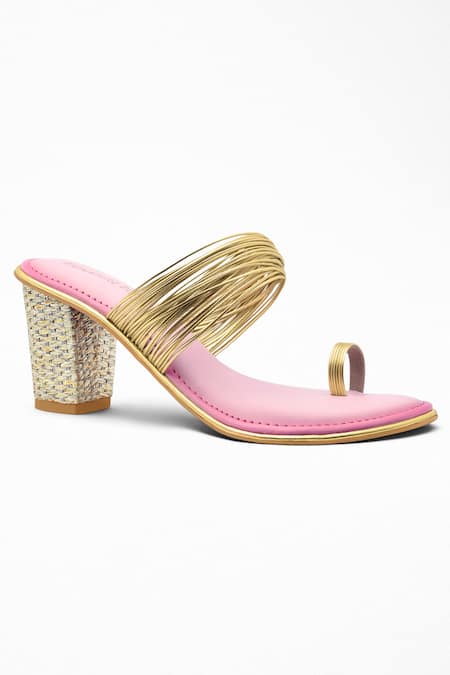 Signature Sole Pink Metallic Layered Chudi Strap Block Heels 