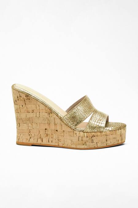 Shop_Signature Sole_Gold Textured Cutout Platform Wedges_Online_at_Aza_Fashions