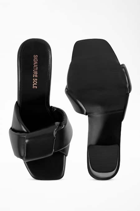 Signature Sole Criss Cross Strap Leather Block Heels 