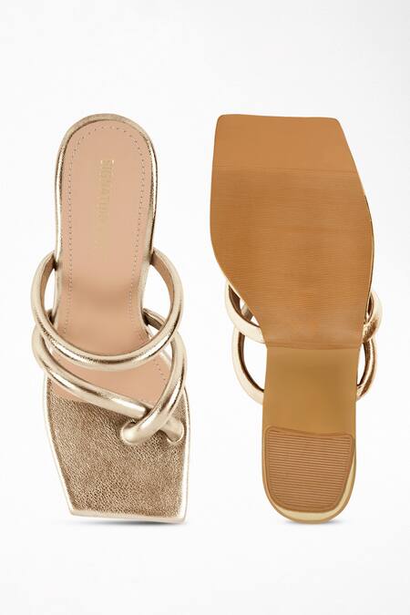 Shop Signature Sole Gold Plain Cross Strap Metallic Block Heels at Aza Fashions Shop_Signature Sole_Gold Plain Cross Strap Metallic Block Heels_at_Aza_Fashions