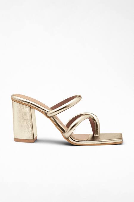 Shop Signature Sole Gold Plain Cross Strap Metallic Block Heels Online at Aza Fashions Shop_Signature Sole_Gold Plain Cross Strap Metallic Block Heels_Online_at_Aza_Fashions