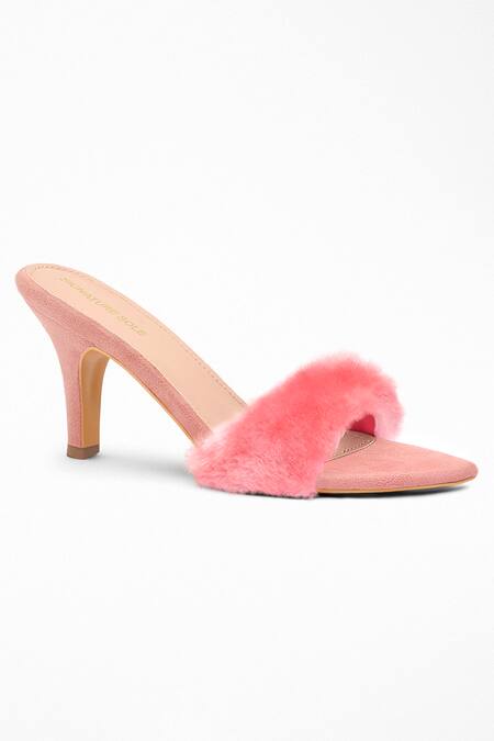 Signature Sole_Pink Embellished Faux Fur Strappy Pencil Heels_at_Aza_Fashions