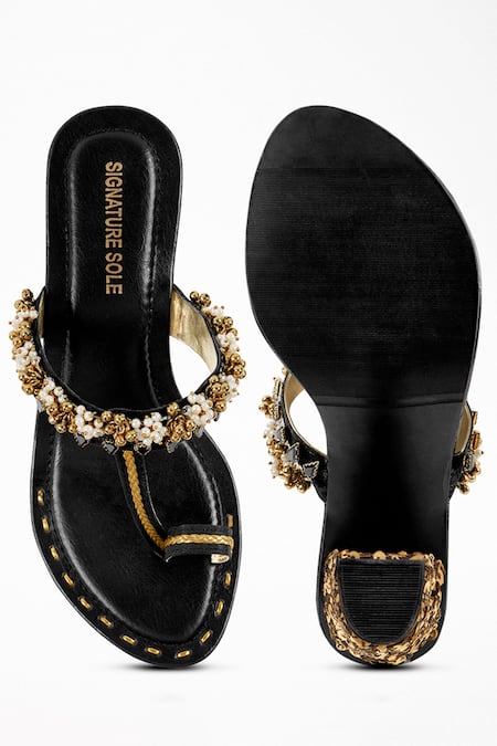 Shop Signature Sole Black Embroidery, Diamonds, Sequins Block Heels at Aza Fashions Shop_Signature Sole_Black Embroidery, Diamonds, Sequins Block Heels _at_Aza_Fashions