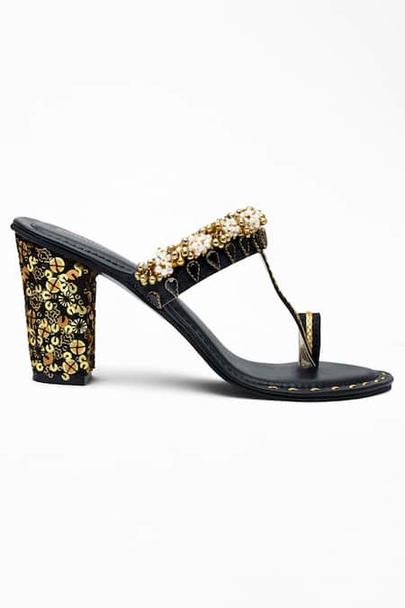 Signature Sole Black Embroidery, Diamonds, Sequins Block Heels Online at Aza Fashions Signature Sole_Black Embroidery, Diamonds, Sequins Block Heels _Online_at_Aza_Fashions