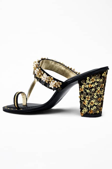 Buy Signature Sole Black Embroidery, Diamonds, Sequins Block Heels Online at Aza Fashions Buy_Signature Sole_Black Embroidery, Diamonds, Sequins Block Heels _Online_at_Aza_Fashions