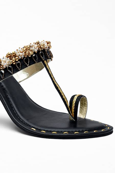 Shop Signature Sole Black Embroidery, Diamonds, Sequins Block Heels Online at Aza Fashions Shop_Signature Sole_Black Embroidery, Diamonds, Sequins Block Heels _Online_at_Aza_Fashions