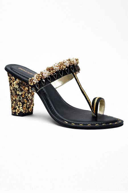 Signature Sole Black Embroidery, Diamonds, Sequins Block Heels at Aza Fashions Signature Sole_Black Embroidery, Diamonds, Sequins Block Heels _at_Aza_Fashions