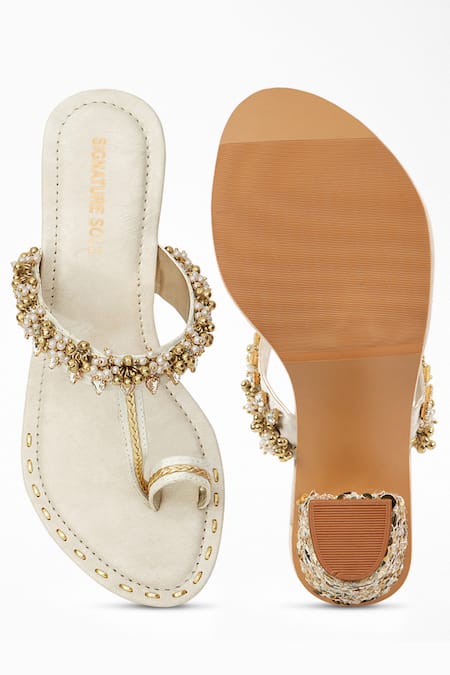 Shop Signature Sole White Embroidery, Sequins Kolhapuri Block Heels at Aza Fashions Shop_Signature Sole_White Embroidery, Sequins Kolhapuri Block Heels _at_Aza_Fashions