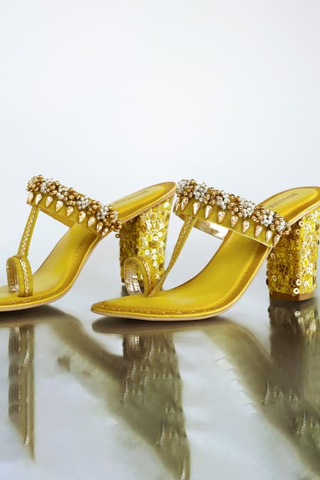BERSHKA Neon Yellow Block Heeled Sandals Size 5 Worn... - Depop