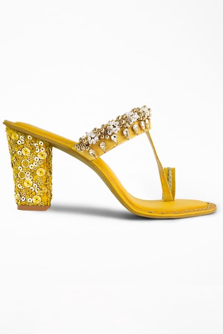 Signature Sole_Yellow Embroidery Kolhapuri Block Heels _Online_at_Aza_Fashions