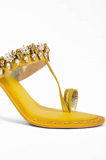 Shop_Signature Sole_Yellow Embroidery Kolhapuri Block Heels _Online_at_Aza_Fashions