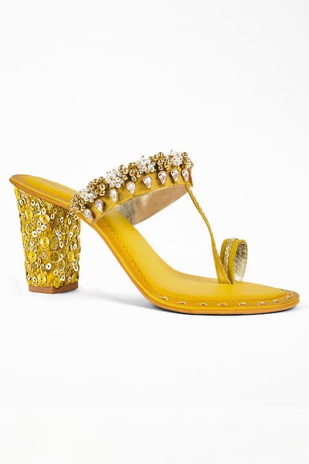 Signature Sole_Yellow Embroidery Kolhapuri Block Heels _at_Aza_Fashions