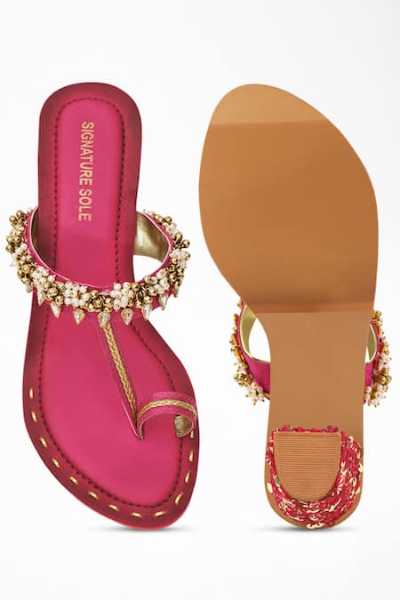 Shop Signature Sole Pink Embroidery Open Toe Block Heels at Aza Fashions Shop_Signature Sole_Pink Embroidery Open Toe Block Heels _at_Aza_Fashions