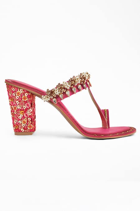 Signature Sole Pink Embroidery Open Toe Block Heels Online at Aza Fashions Signature Sole_Pink Embroidery Open Toe Block Heels _Online_at_Aza_Fashions
