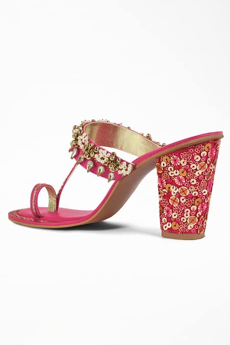 Buy Signature Sole Pink Embroidery Open Toe Block Heels Online at Aza Fashions Buy_Signature Sole_Pink Embroidery Open Toe Block Heels _Online_at_Aza_Fashions