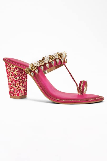 Signature Sole Pink Embroidery Open Toe Block Heels at Aza Fashions Signature Sole_Pink Embroidery Open Toe Block Heels _at_Aza_Fashions