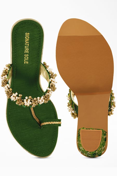 Shop Signature Sole Green Diamonds, Pearls, Sequins Embroidered Open Toe Block Heels at Aza Fashions Shop_Signature Sole_Green Diamonds, Pearls, Sequins Embroidered Open Toe Block Heels _at_Aza_Fashions