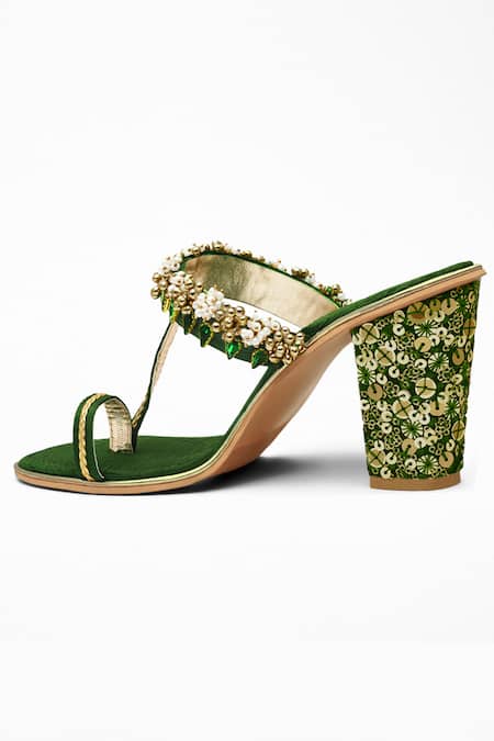 Buy Signature Sole Green Diamonds, Pearls, Sequins Embroidered Open Toe Block Heels Online at Aza Fashions Buy_Signature Sole_Green Diamonds, Pearls, Sequins Embroidered Open Toe Block Heels _Online_at_Aza_Fashions