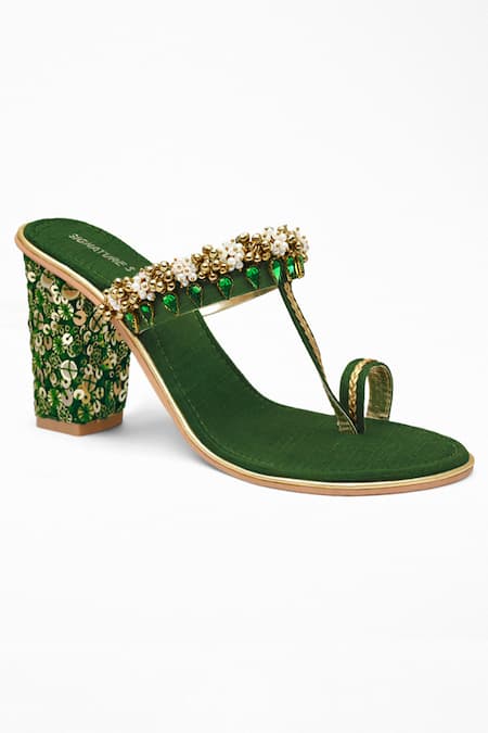 Signature Sole Green Diamonds, Pearls, Sequins Embroidered Open Toe Block Heels at Aza Fashions Signature Sole_Green Diamonds, Pearls, Sequins Embroidered Open Toe Block Heels _at_Aza_Fashions