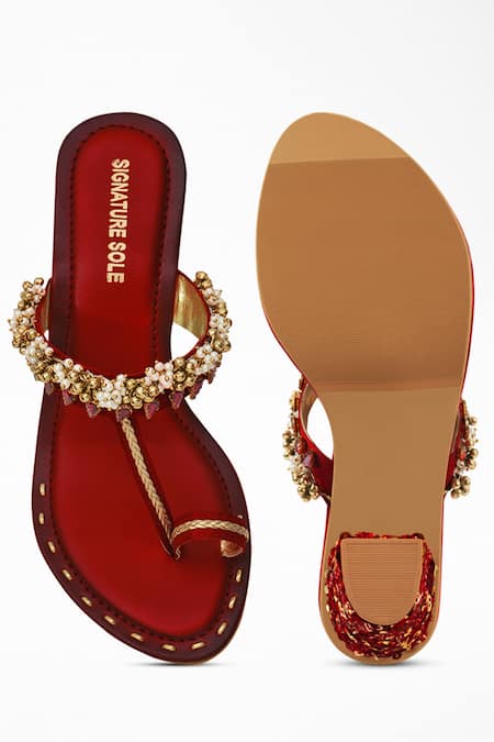Shop_Signature Sole_Red Embroidery, Pearls, Sequins Kolhapuri Leather Block Heels _at_Aza_Fashions