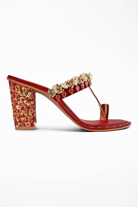 Signature Sole_Red Embroidery, Pearls, Sequins Kolhapuri Leather Block Heels _Online_at_Aza_Fashions