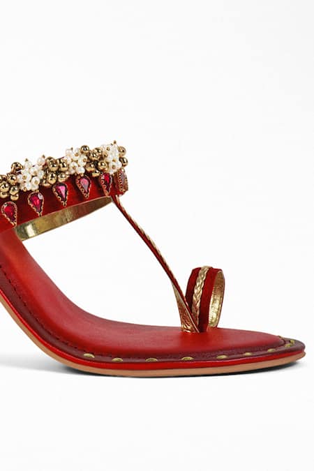 Shop_Signature Sole_Red Embroidery, Pearls, Sequins Kolhapuri Leather Block Heels _Online_at_Aza_Fashions