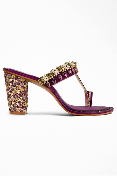 Signature Sole Purple Sequins, Pearls Embroidered Block Heels Online at Aza Fashions Signature Sole_Purple Sequins, Pearls Embroidered Block Heels _Online_at_Aza_Fashions