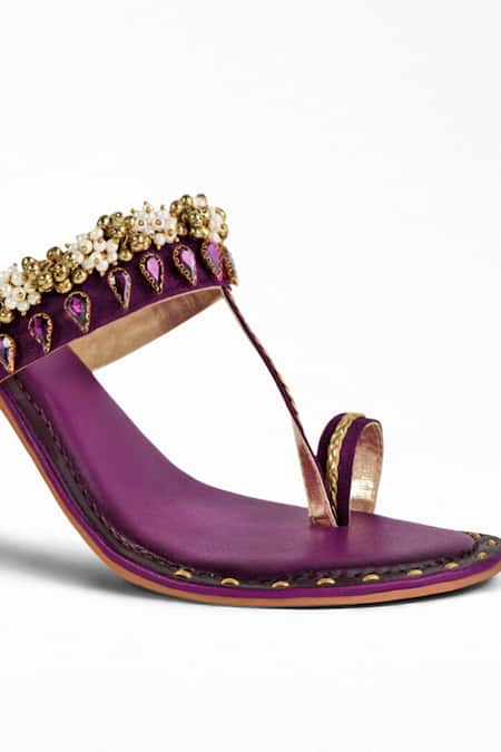 Shop Signature Sole Purple Sequins, Pearls Embroidered Block Heels Online at Aza Fashions Shop_Signature Sole_Purple Sequins, Pearls Embroidered Block Heels _Online_at_Aza_Fashions