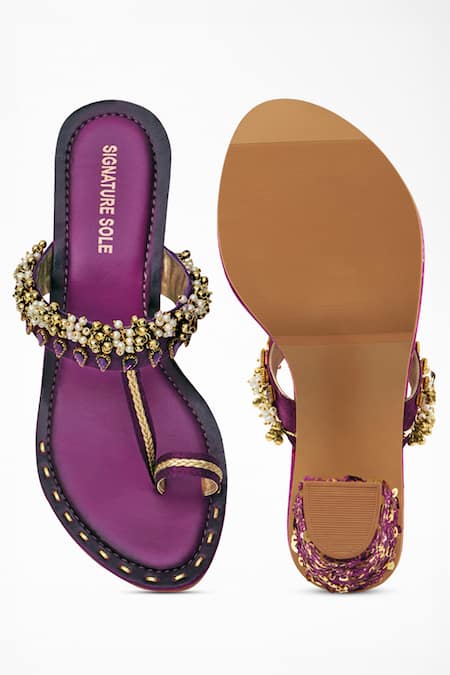 Shop Signature Sole Purple Sequins, Pearls Embroidered Block Heels at Aza Fashions Shop_Signature Sole_Purple Sequins, Pearls Embroidered Block Heels _at_Aza_Fashions