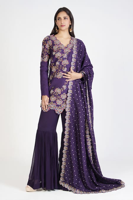 Rishi and Soujit Floral Thread Embroidered Kurta Sharara Set 