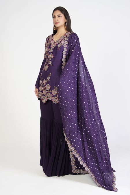 Shop Rishi And Soujit Purple Silk, Georgette Embroidery, Cut Work Floral Thread Kurta Sharara Set at Aza Fashions Shop_Rishi And Soujit_Purple Silk, Georgette Embroidery, Cut Work Floral Thread Kurta Sharara Set _at_Aza_Fashions