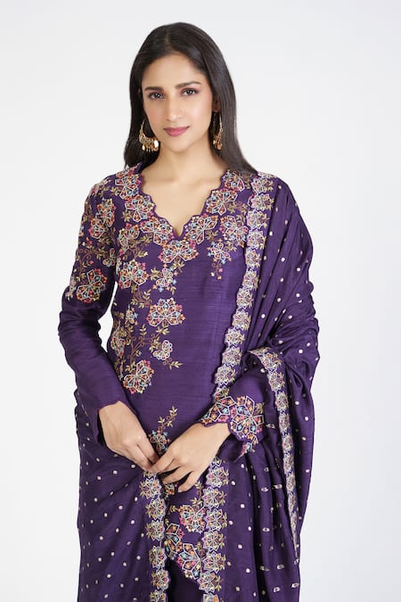 Rishi And Soujit Purple Silk, Georgette Embroidery, Cut Work Floral Thread Kurta Sharara Set Online at Aza Fashions Rishi And Soujit_Purple Silk, Georgette Embroidery, Cut Work Floral Thread Kurta Sharara Set _Online_at_Aza_Fashions