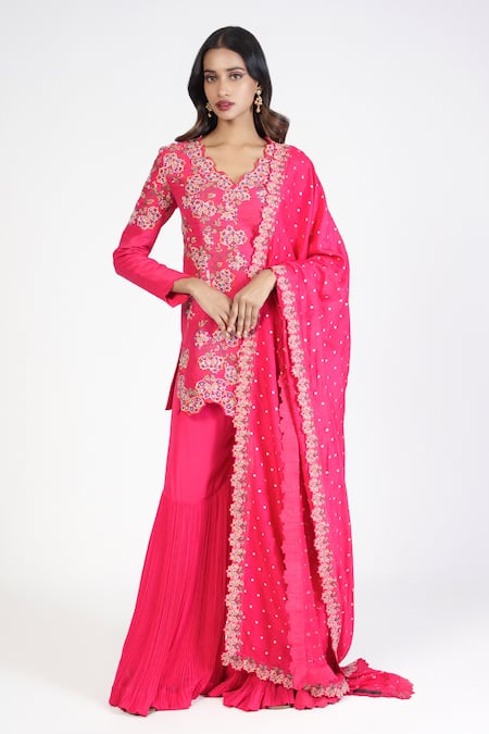 Rishi And Soujit Pink Raw Silk Thread Work Kurta Sharara Set