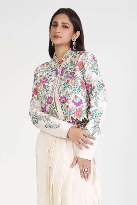 Rishi And Soujit Ivory Raw Silk Thread Embroidered Jacket Dhoti Pant Set Online at Aza Fashions Rishi And Soujit_Ivory Raw Silk Thread Embroidered Jacket Dhoti Pant Set _Online_at_Aza_Fashions