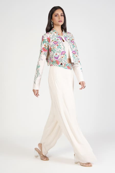 Buy Rishi And Soujit Ivory Raw Silk Thread Embroidered Jacket Dhoti Pant Set Online at Aza Fashions Buy_Rishi And Soujit_Ivory Raw Silk Thread Embroidered Jacket Dhoti Pant Set _Online_at_Aza_Fashions