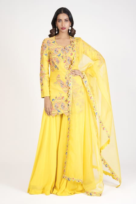 Rishi and Soujit Yellow Raw Silk Embroidered Thread Work Leaf Mughal Kurta Sharara Set  