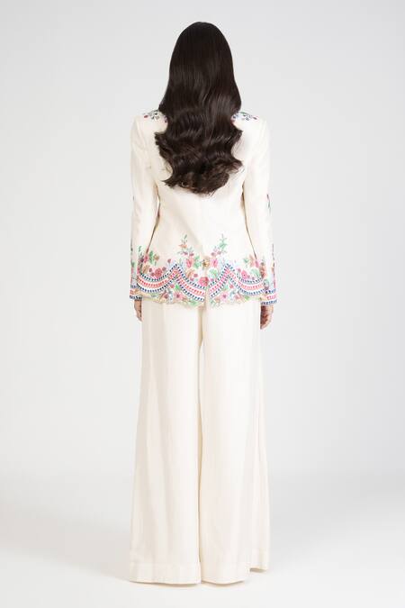 Shop Rishi And Soujit Ivory Silk Embroidered Blazer Pant Set at Aza Fashions Shop_Rishi And Soujit_Ivory Silk Embroidered Blazer Pant Set_at_Aza_Fashions