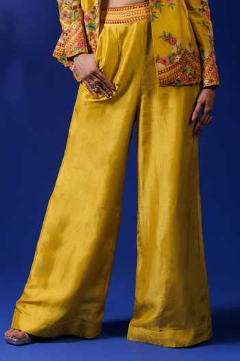 Rishi And Soujit_Yellow Thread Embroidered Silk Blazer Pant Set_Online_at_Aza_Fashions