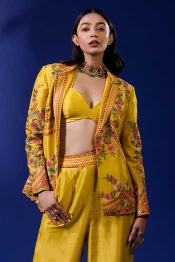 Buy_Rishi And Soujit_Yellow Thread Embroidered Silk Blazer Pant Set_Online_at_Aza_Fashions