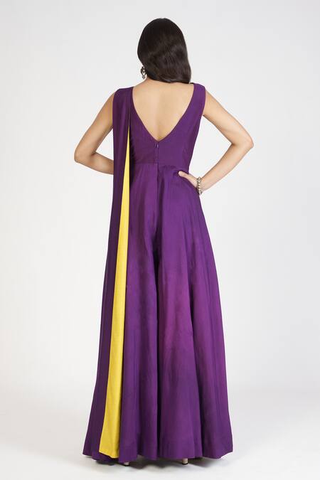 Shop Rishi And Soujit Purple Cotton Silk Embroidery Thread Sweetheart Neck Draped Jumpsuit at Aza Fashions Shop_Rishi And Soujit_Purple Cotton Silk Embroidery Thread Sweetheart Neck Draped Jumpsuit _at_Aza_Fashions