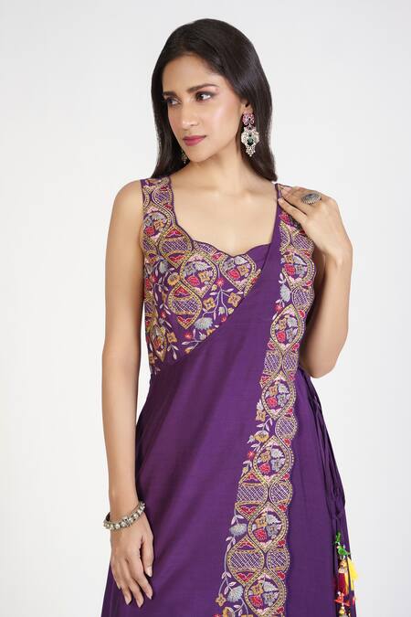 Rishi And Soujit Purple Cotton Silk Embroidery Thread Sweetheart Neck Draped Jumpsuit Online at Aza Fashions Rishi And Soujit_Purple Cotton Silk Embroidery Thread Sweetheart Neck Draped Jumpsuit _Online_at_Aza_Fashions