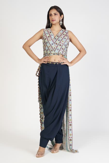 Buy Aaryahi Women Cotton Blue & White Printed Top With Dhoti Pant Set  (Medium) at Amazon.in