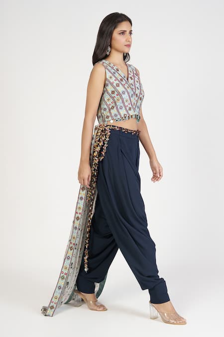 Buy Peach And Royale Blue Tafta Dhoti Style Crop Top With Zari, Sequins  Prints