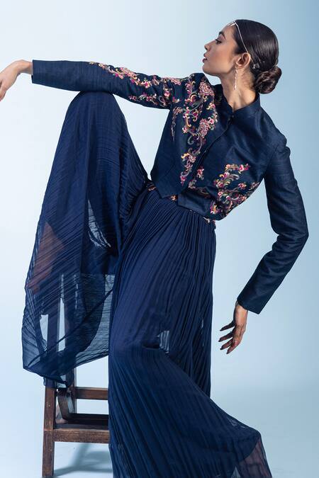 Shop Rishi And Soujit Blue Raw Silk Embroidery Thread Mandarin Collar Jacket Pant Set at Aza Fashions Shop_Rishi And Soujit_Blue Raw Silk Embroidery Thread Mandarin Collar Jacket Pant Set _at_Aza_Fashions