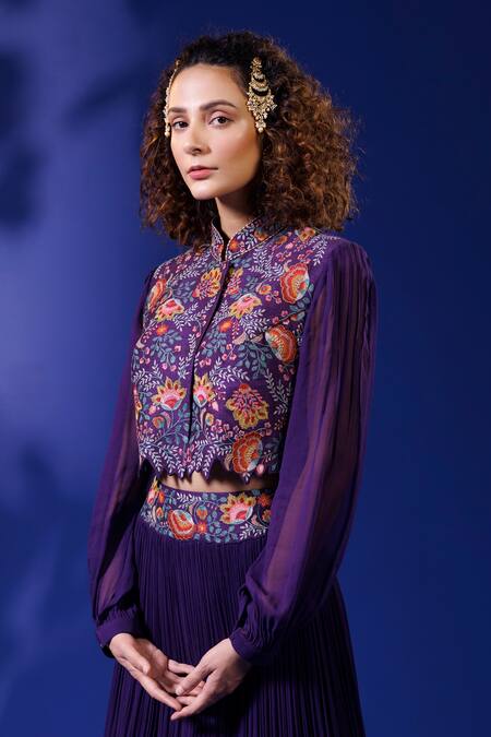 Shop Rishi And Soujit Purple Raw Silk Embroidery Thread Mandarin Collar Jacket Skirt Set at Aza Fashions Shop_Rishi And Soujit_Purple Raw Silk Embroidery Thread Mandarin Collar Jacket Skirt Set _at_Aza_Fashions