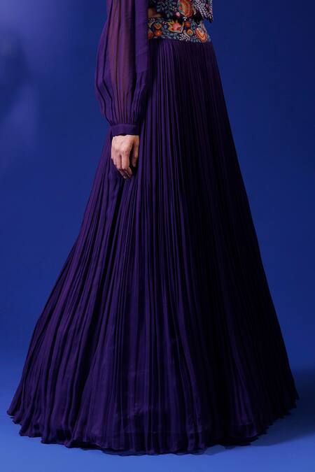 Rishi And Soujit Purple Raw Silk Embroidery Thread Mandarin Collar Jacket Skirt Set Online at Aza Fashions Rishi And Soujit_Purple Raw Silk Embroidery Thread Mandarin Collar Jacket Skirt Set _Online_at_Aza_Fashions