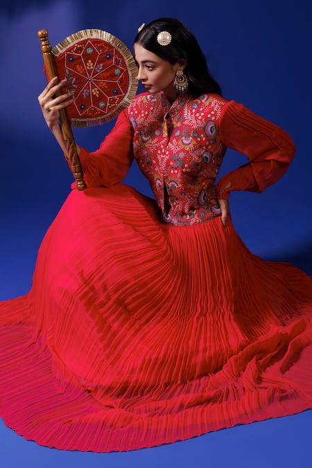 Shop Rishi And Soujit Pink Raw Silk Embroidery Thread Mandarin Jacket Gathered Skirt Set at Aza Fashions Shop_Rishi And Soujit_Pink Raw Silk Embroidery Thread Mandarin Jacket Gathered Skirt Set _at_Aza_Fashions