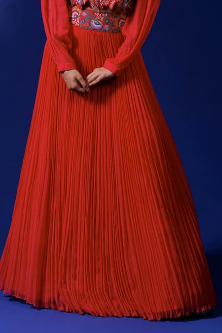 Rishi And Soujit Pink Raw Silk Embroidery Thread Mandarin Jacket Gathered Skirt Set Online at Aza Fashions Rishi And Soujit_Pink Raw Silk Embroidery Thread Mandarin Jacket Gathered Skirt Set _Online_at_Aza_Fashions