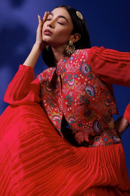 Buy Rishi And Soujit Pink Raw Silk Embroidery Thread Mandarin Jacket Gathered Skirt Set Online at Aza Fashions Buy_Rishi And Soujit_Pink Raw Silk Embroidery Thread Mandarin Jacket Gathered Skirt Set _Online_at_Aza_Fashions